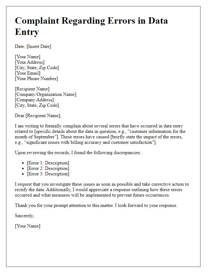 Letter template of complaint regarding errors in data entry.