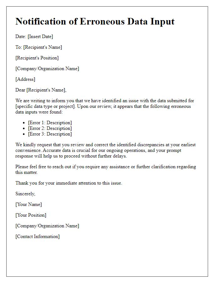 Letter template of notification about erroneous data input.