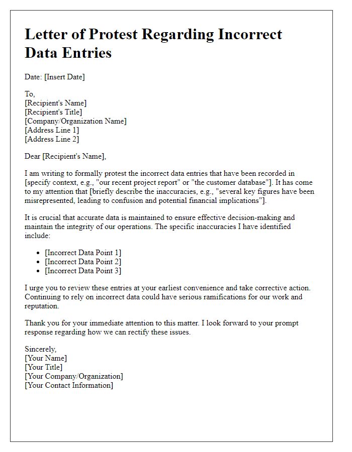 Letter template of protest about incorrect data entries.