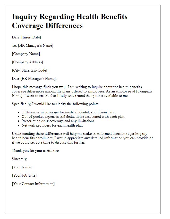 Letter template of employee health benefits inquiry for coverage differences