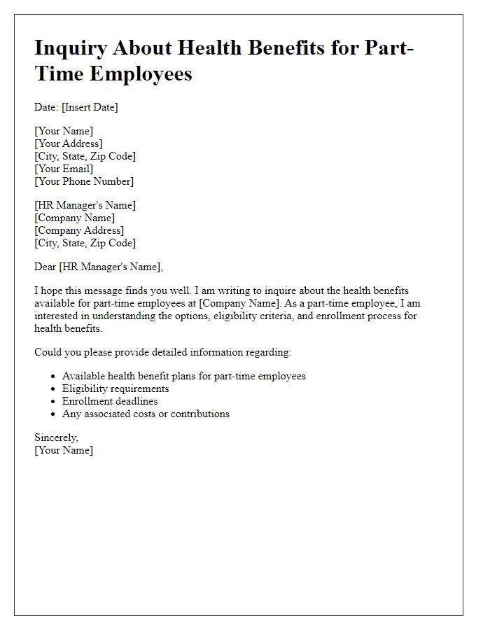 Letter template of employee health benefits inquiry for part-time employees