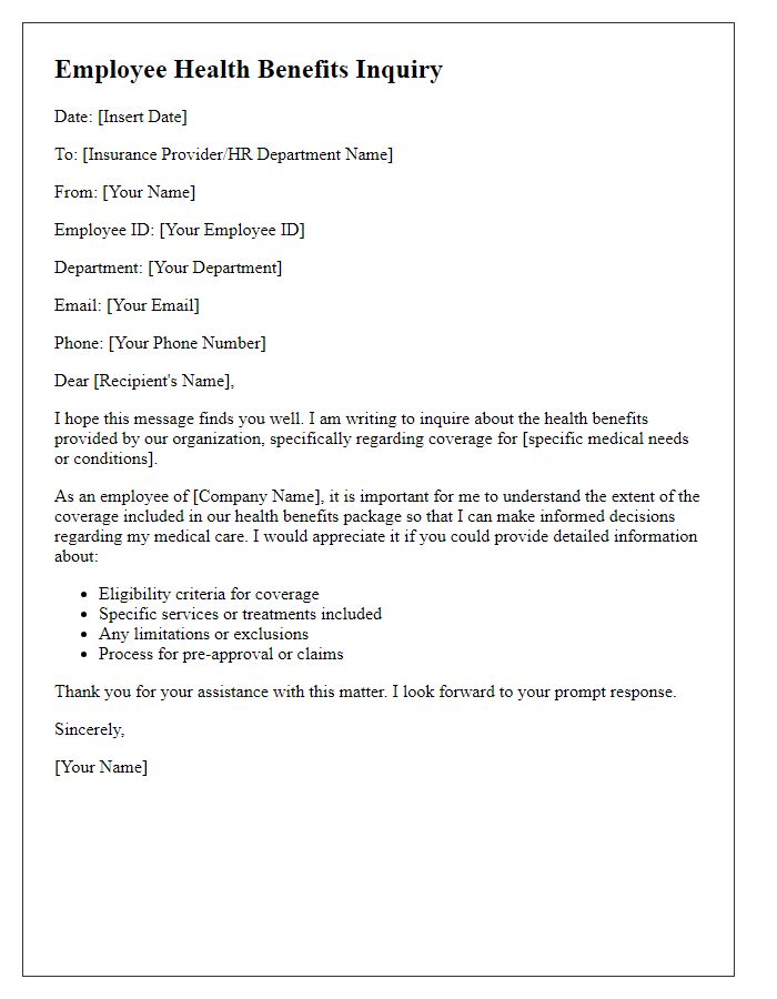 Letter template of employee health benefits inquiry for specific medical needs