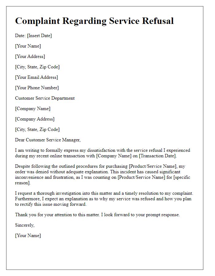 Letter template of complaint addressing service refusal in an online business transaction.