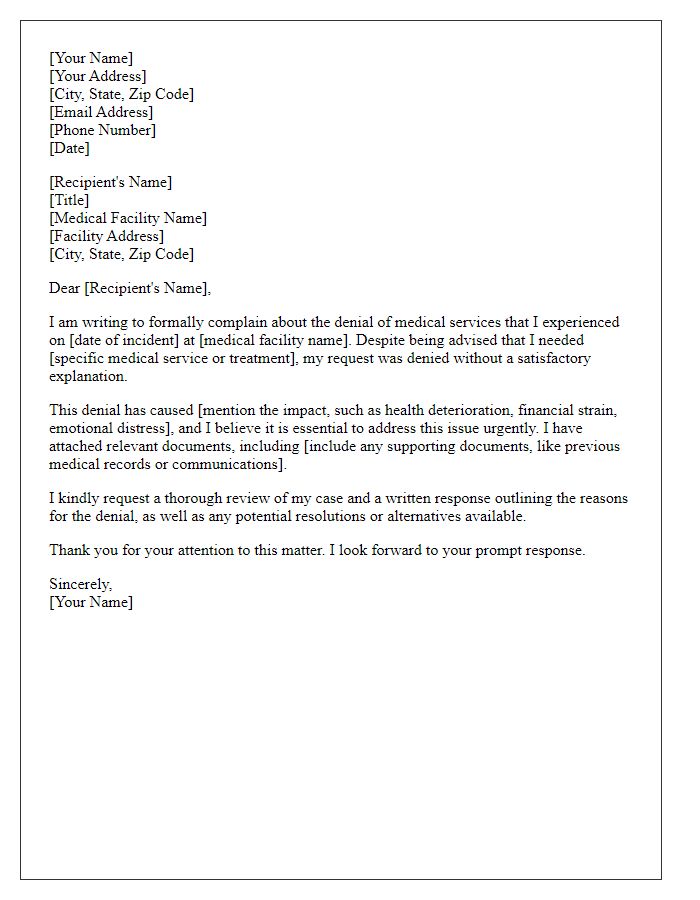 Letter template of complaint concerning denied medical service.