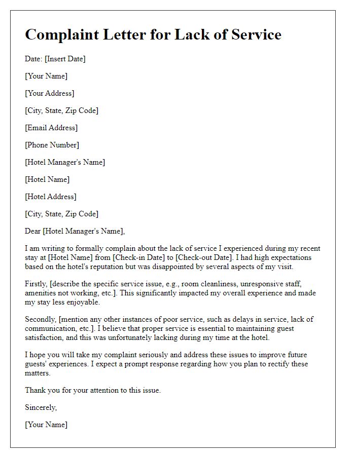 Letter template of complaint for lack of service at a hotel.