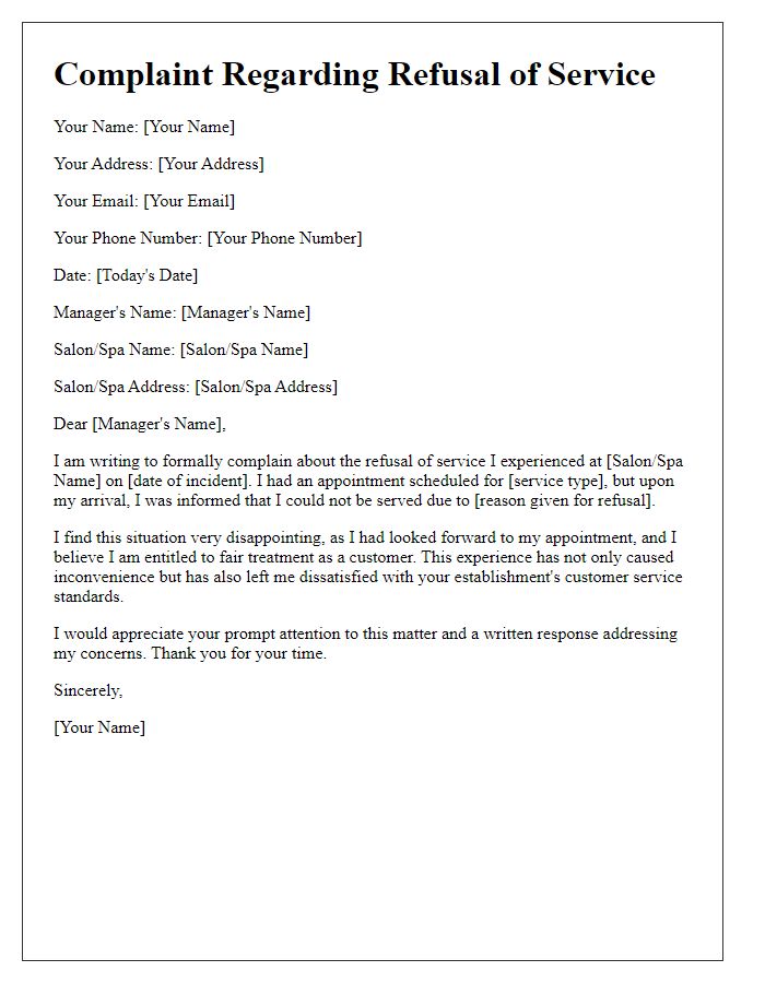 Letter template of complaint regarding refusal of service at a salon or spa.