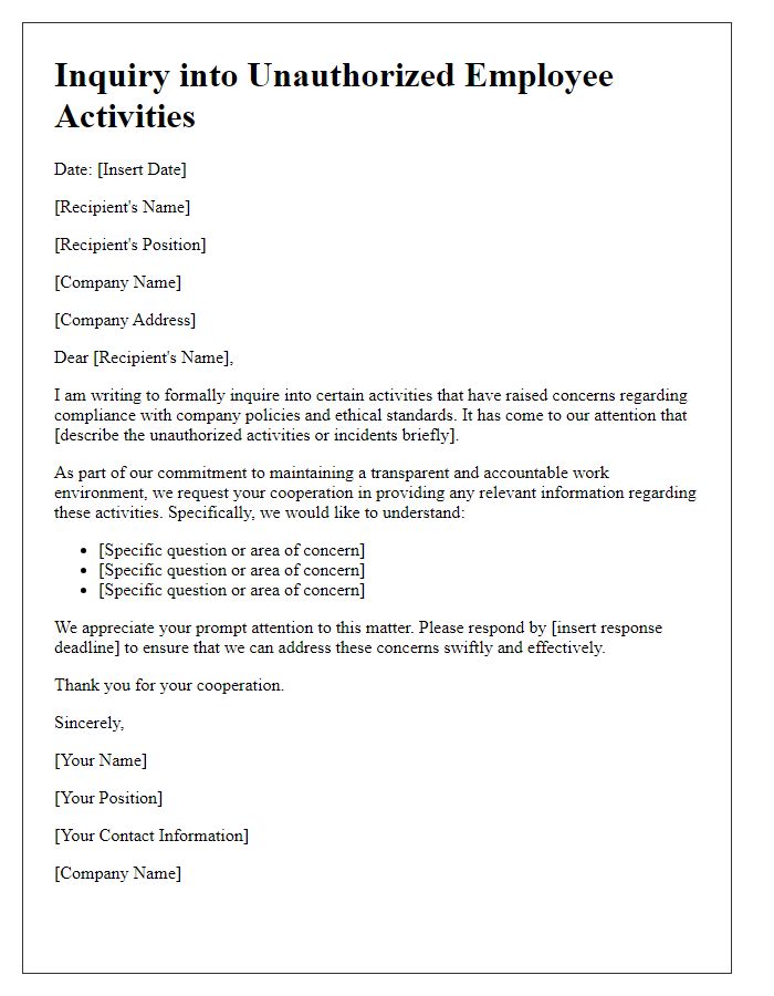 Letter template of inquiry into unauthorized employee activities.