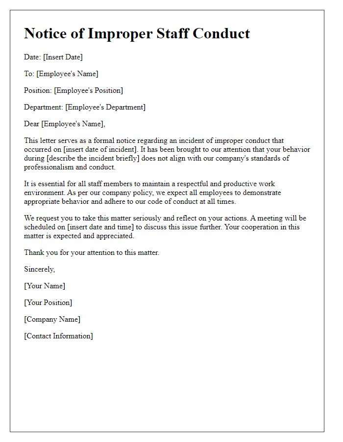 Letter template of notice regarding improper staff conduct.