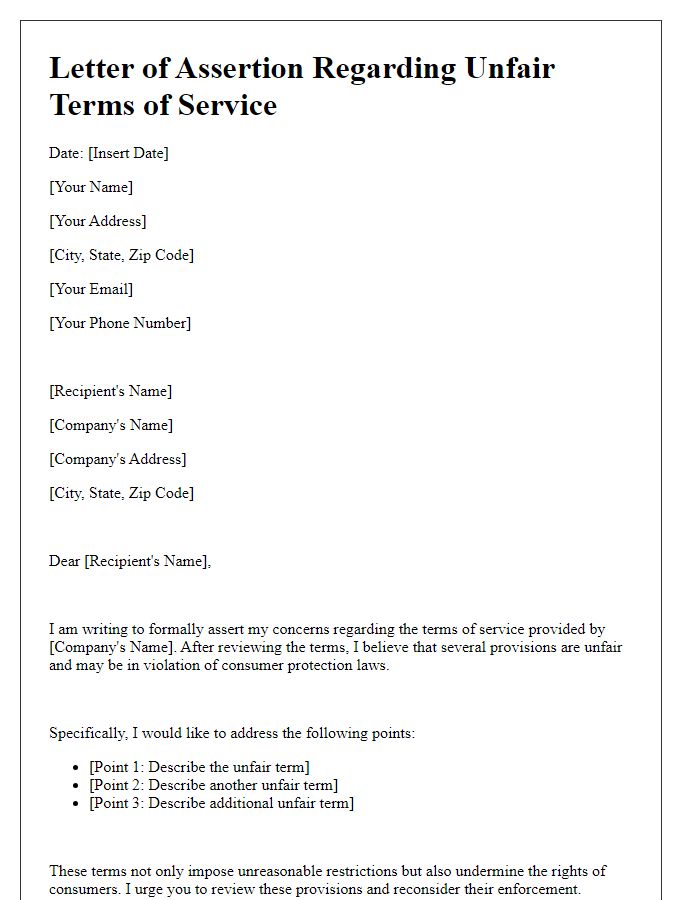 Letter template of assertion regarding unfair terms of service.