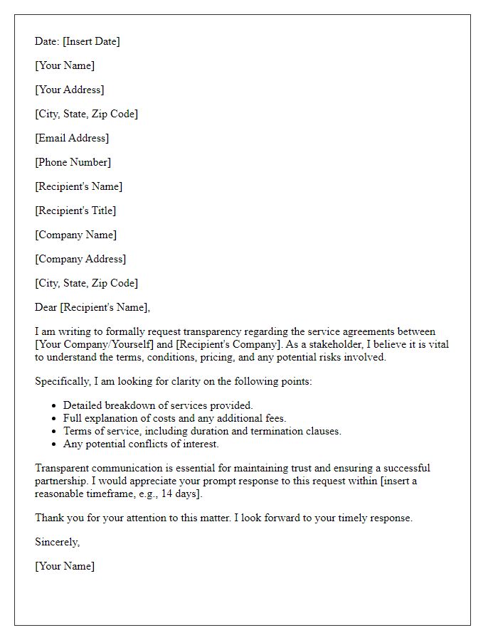 Letter template of demand for transparency in service agreements.