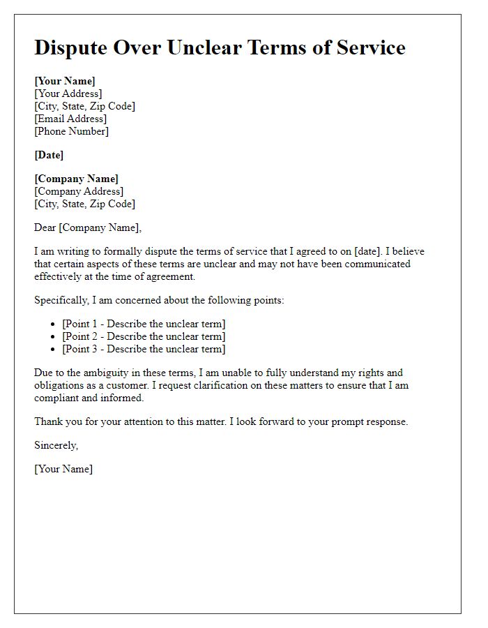 Letter template of dispute over unclear terms of service.