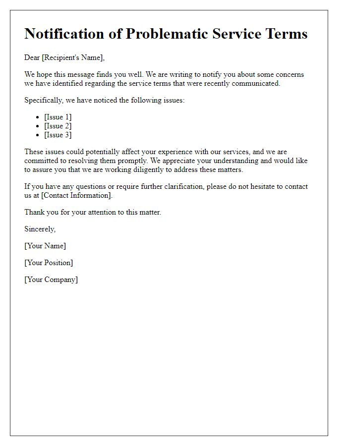 Letter template of notification about problematic service terms.