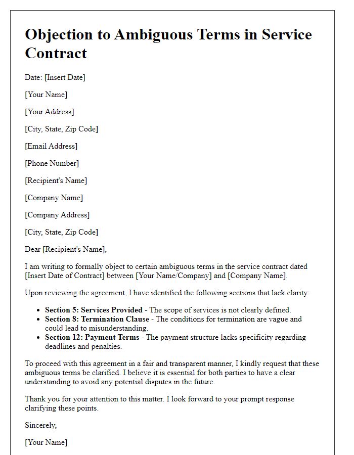 Letter template of objection to ambiguous terms in service contract.