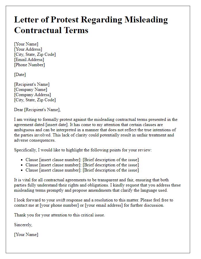 Letter template of protest against misleading contractual terms.