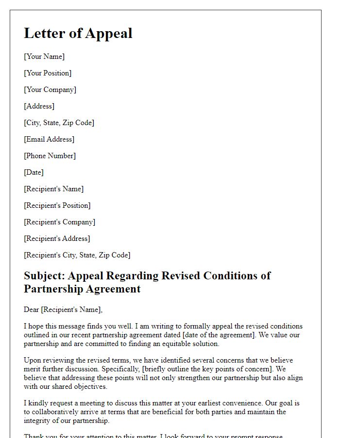 Letter template of appeal concerning the revised conditions of our partnership agreement.