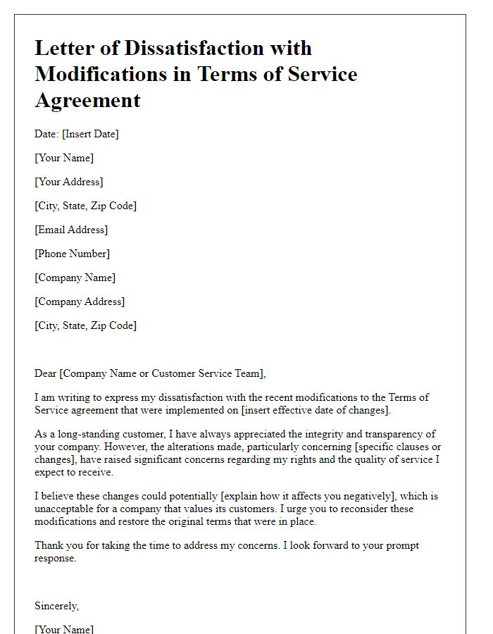 Letter template of dissatisfaction with modifications in the terms of service agreement.