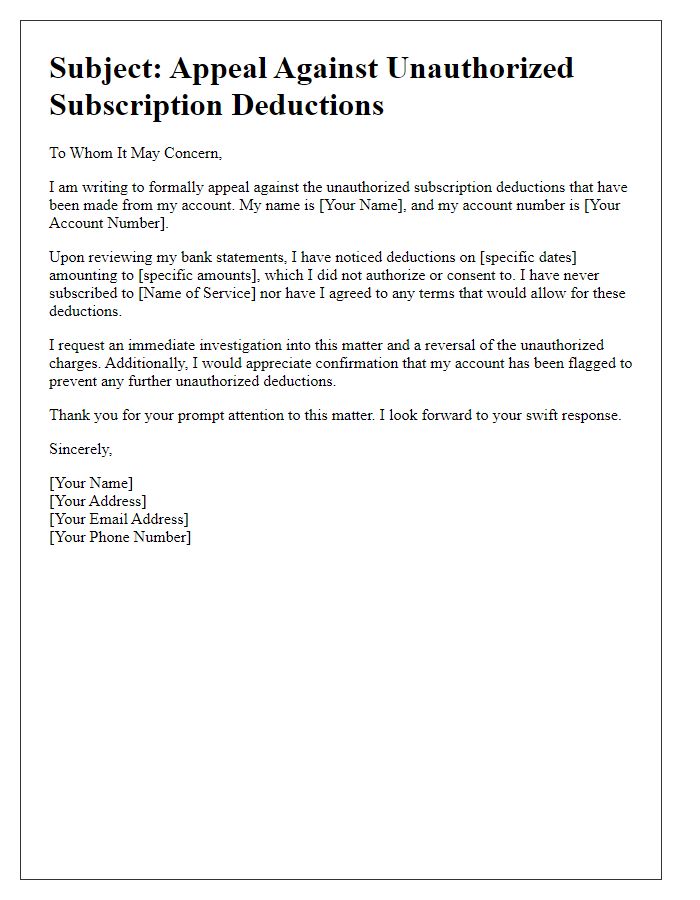 Letter template of appeal against unauthorized subscription deductions