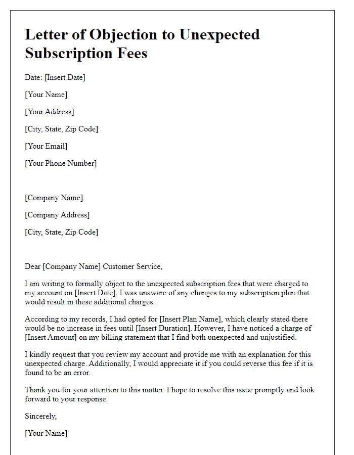 Letter template of objection to unexpected subscription fees