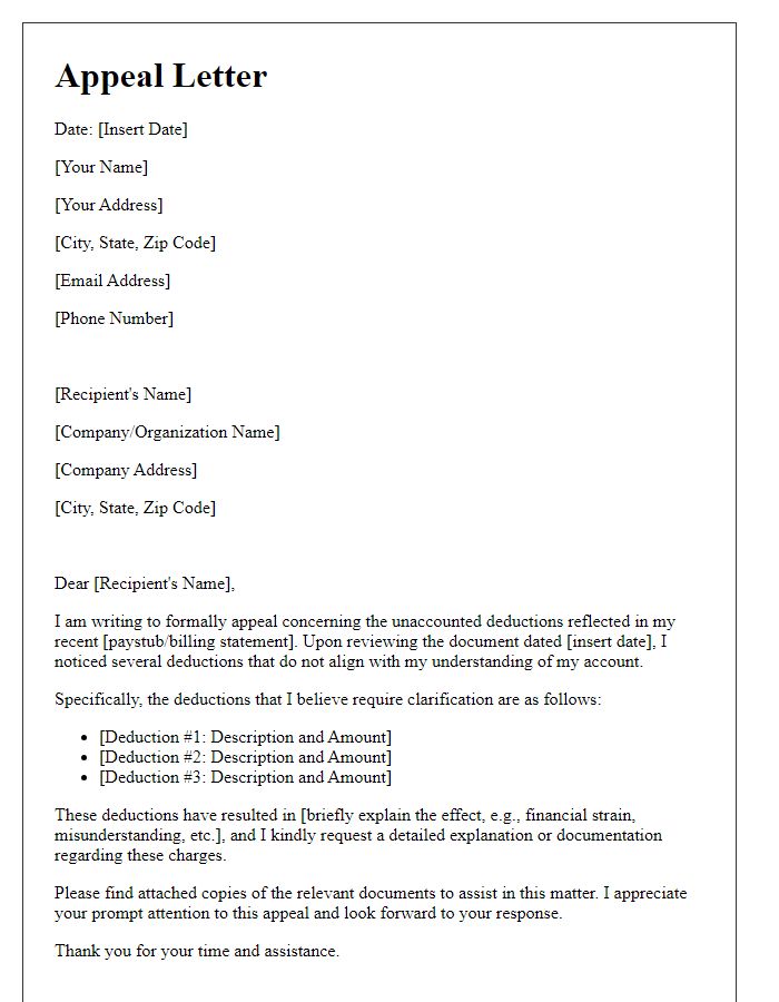 Letter template of appeal concerning unaccounted for deductions.