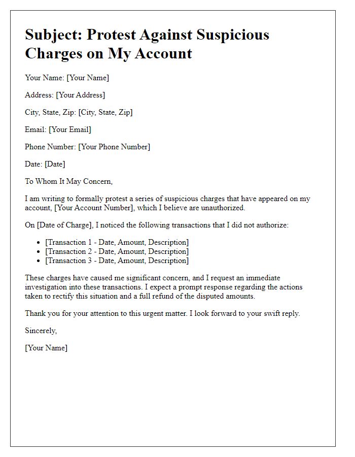 Letter template of protest against suspicious charges on my account.