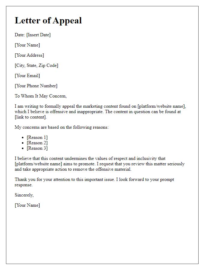 Letter template of appeal for removal of offensive marketing content