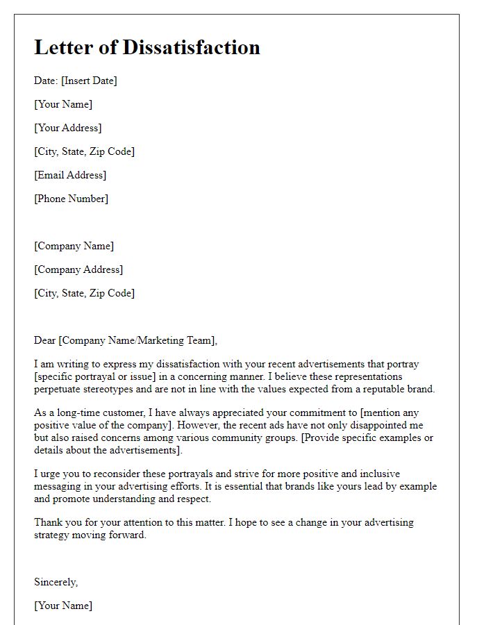 Letter template of dissatisfaction with objectionable ad portrayals