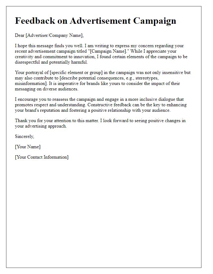 Letter template of feedback on disrespectful advertisement campaigns