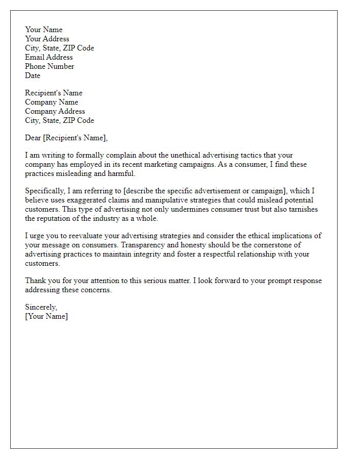 Letter template of formal complaint about unethical advertising tactics