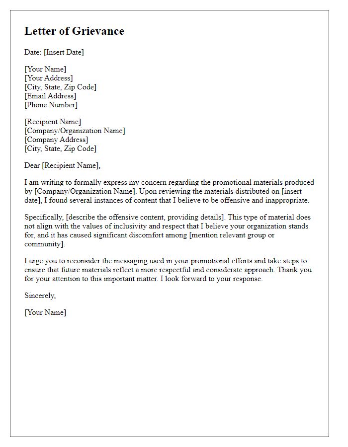 Letter template of grievance over offensive promotional materials