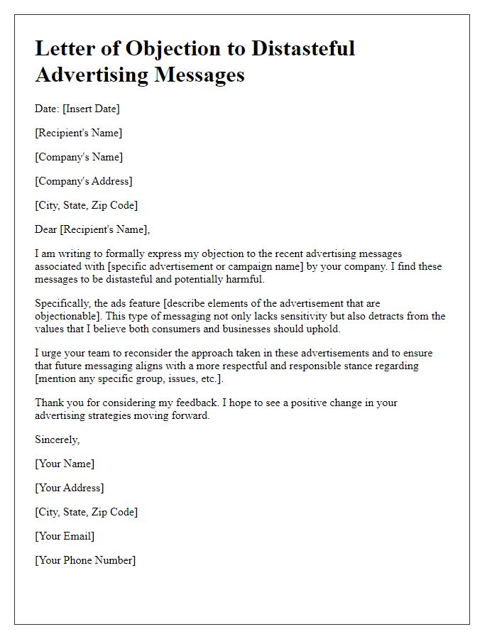 Letter template of objection to distasteful advertising messages