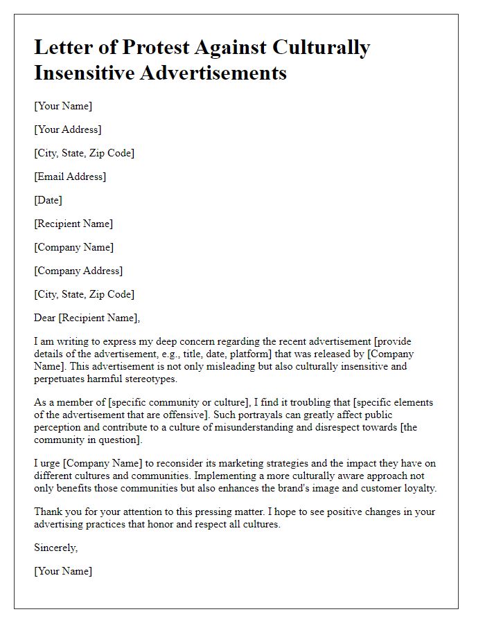 Letter template of protest against culturally insensitive advertisements