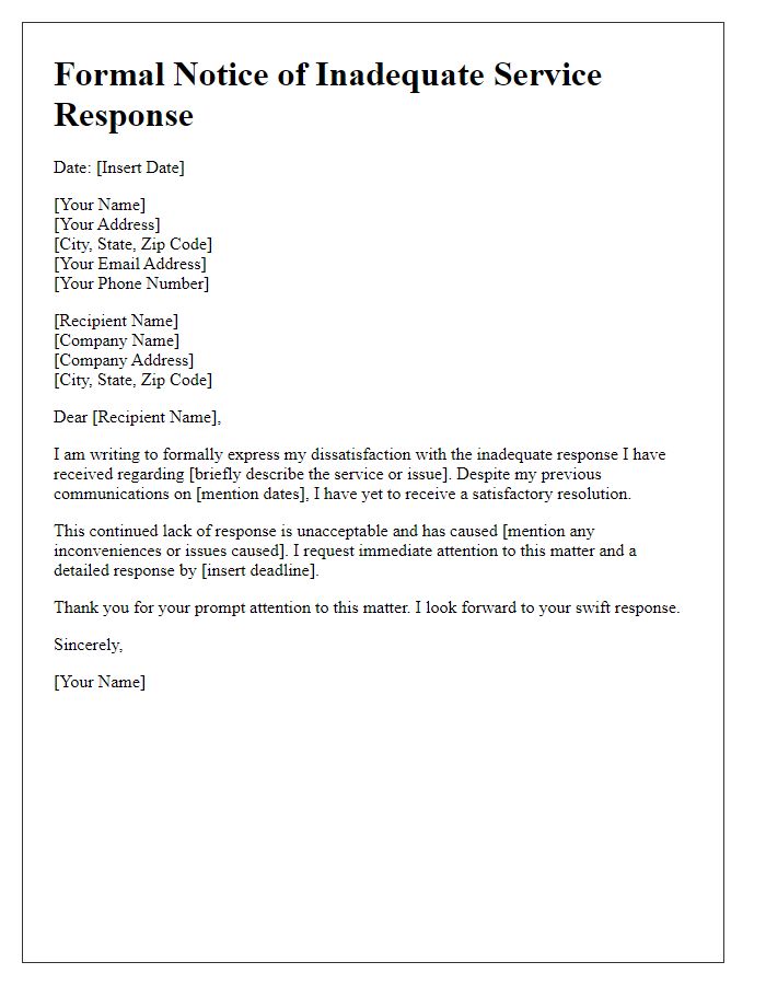 Letter template of formal notice for inadequate service response