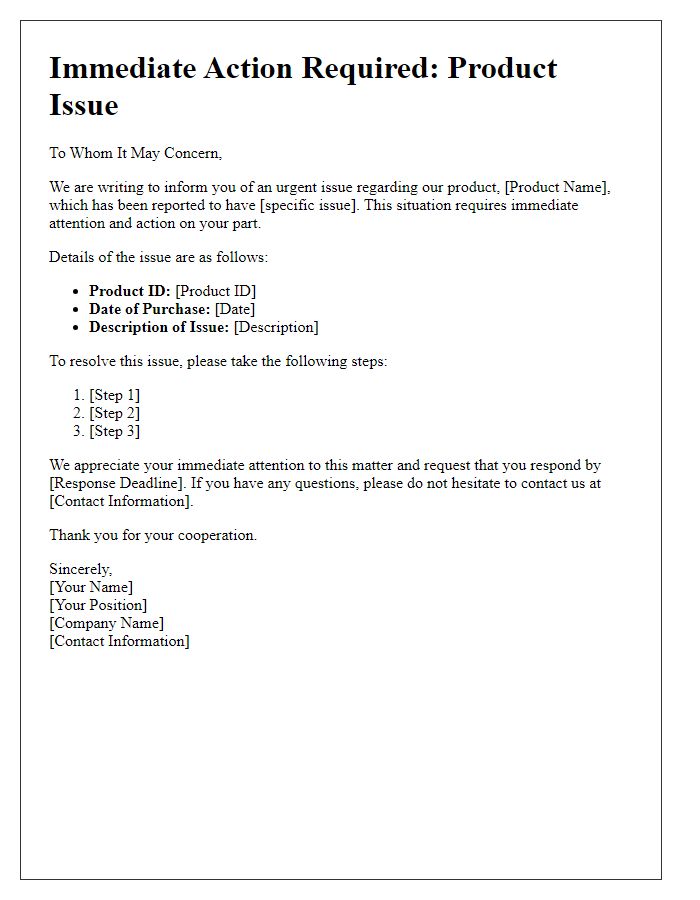 Letter template of immediate action required for product issue