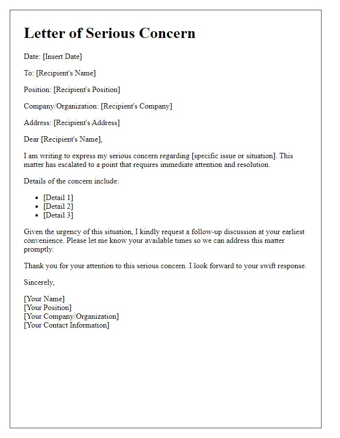 Letter template of serious concern requiring rapid follow-up