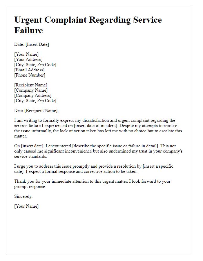 Letter template of urgent complaint regarding service failure