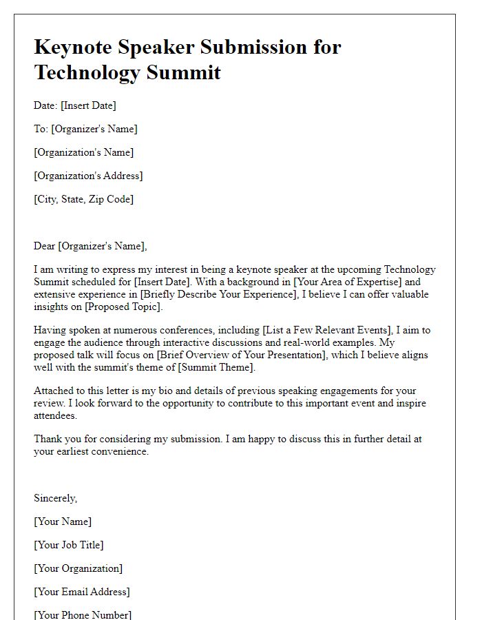 Letter template of keynote speaker submission for a technology summit.