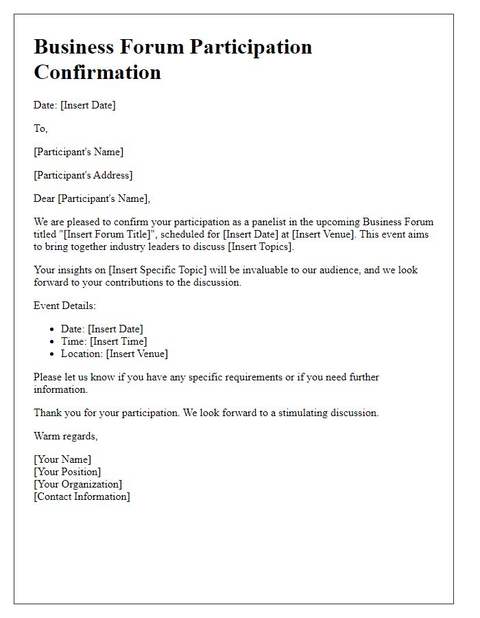 Letter template of panel discussion participation for a business forum.