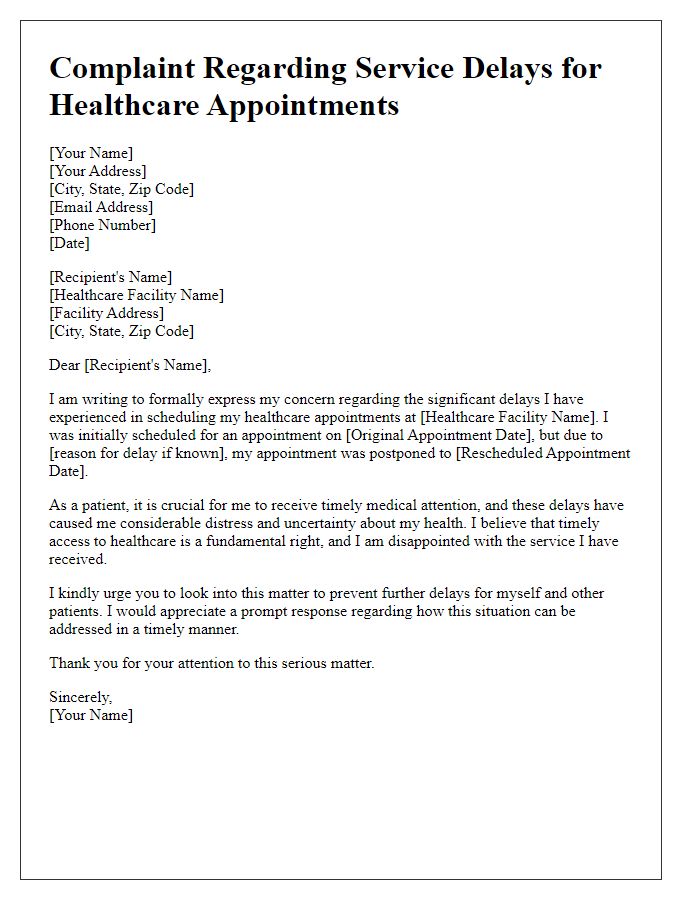 Letter template of complaint regarding service delays for healthcare appointments.