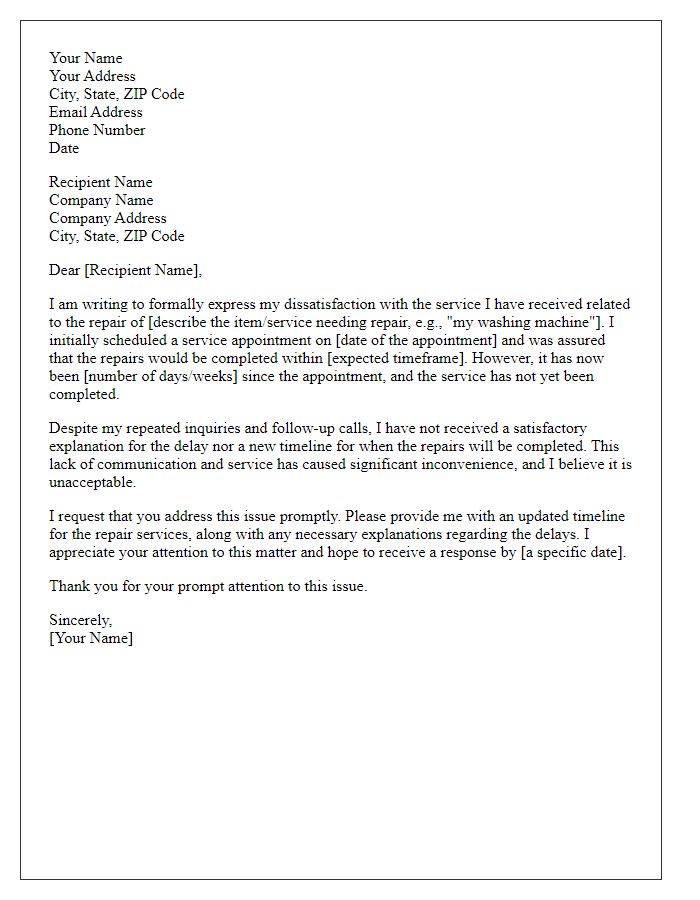 Letter template of complaint regarding service delays for repair services.