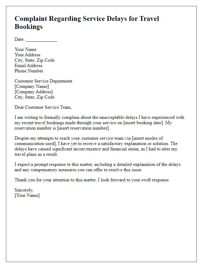 Letter template of complaint regarding service delays for travel bookings.