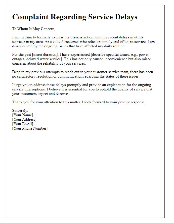 Letter template of complaint regarding service delays for utilities services.