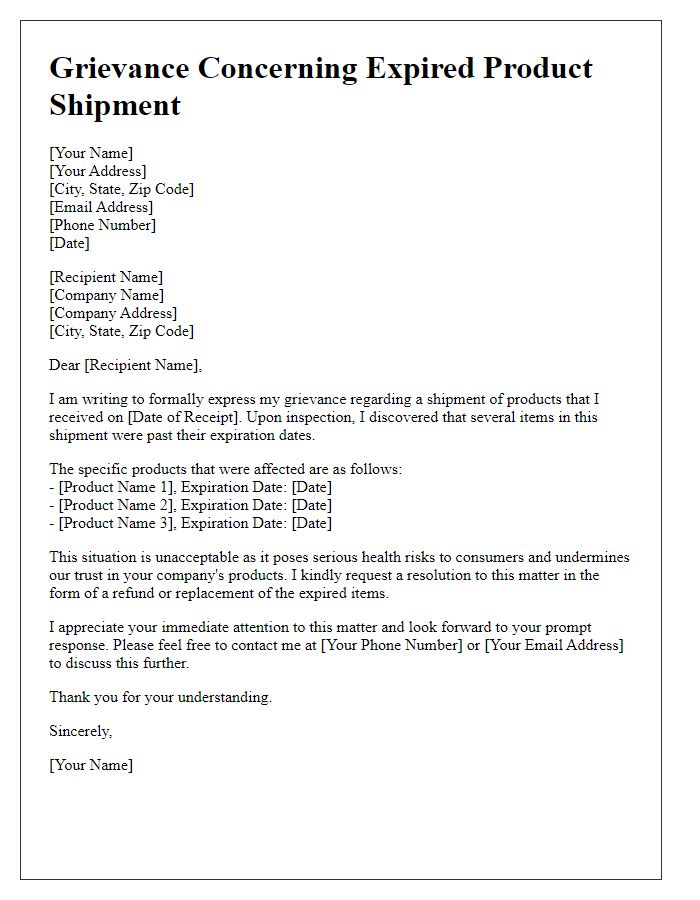 Letter template of grievance concerning expired product shipment.