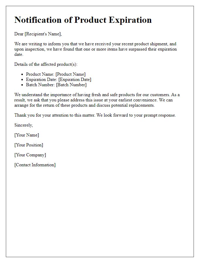 Letter template of notification about receiving a product past its expiration date.