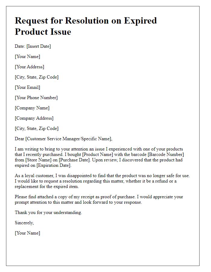 Letter template of request for resolution on expired product issue.