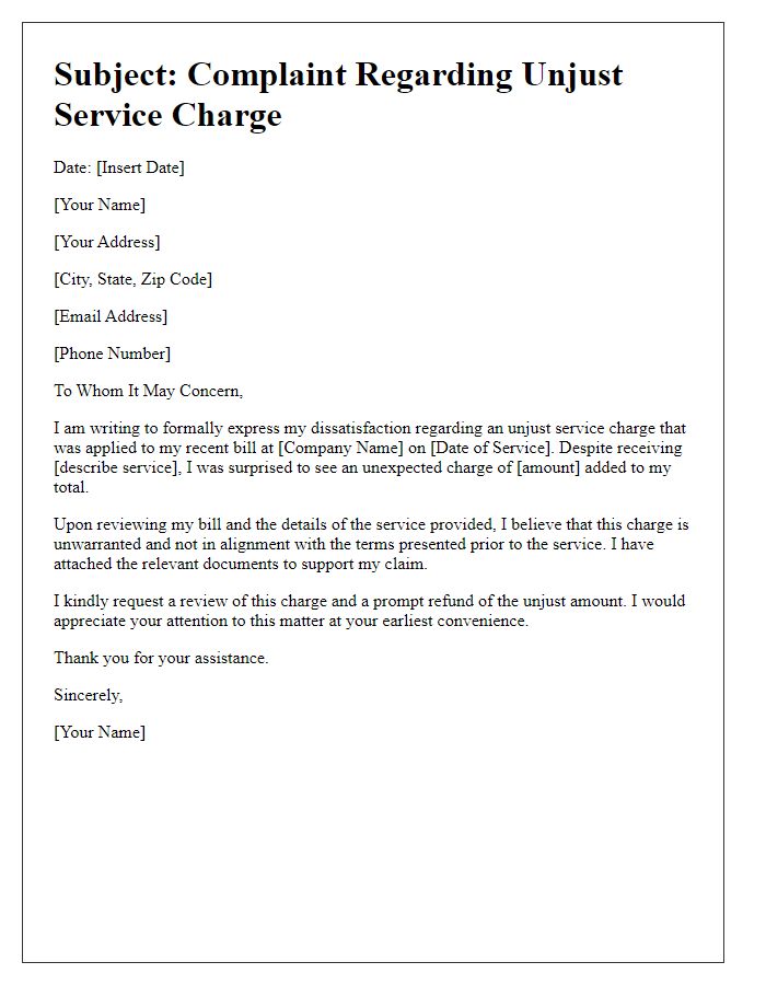 Letter template of complaint regarding unjust service charge