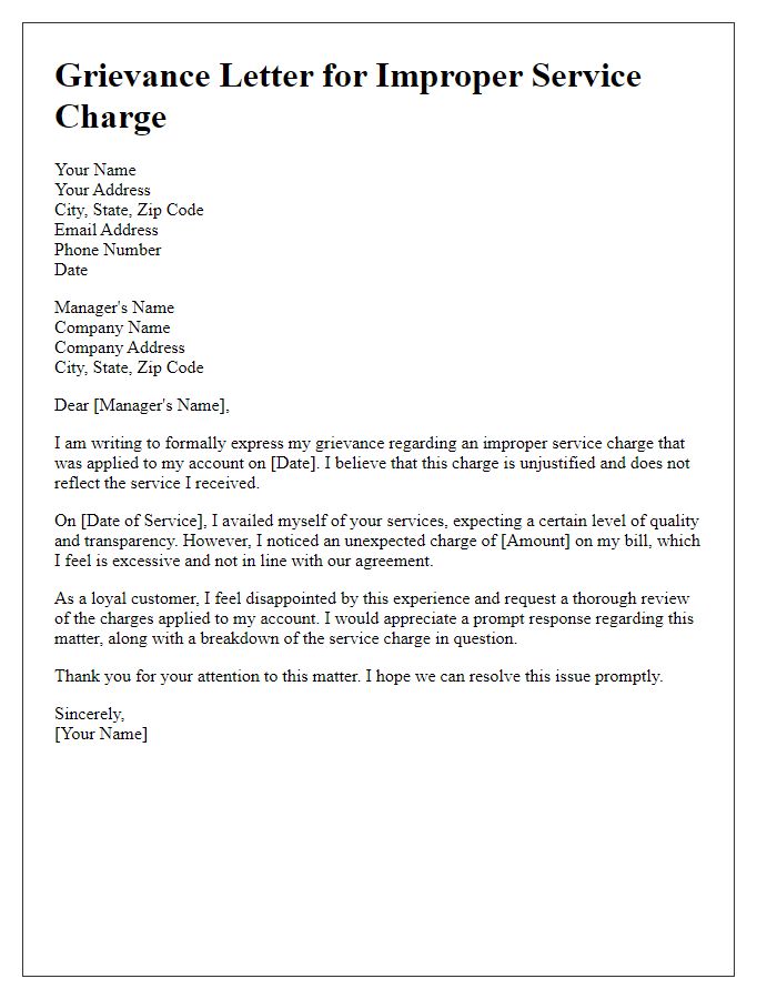 Letter template of grievance for improper service charge