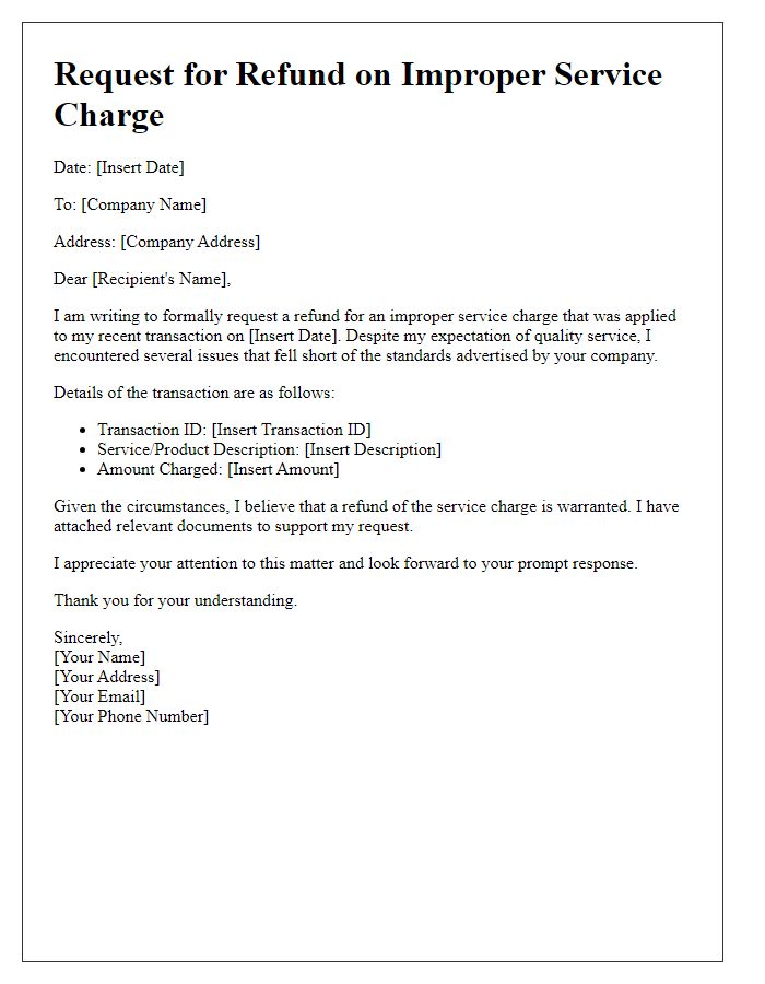 Letter template of request for refund on improper service charge