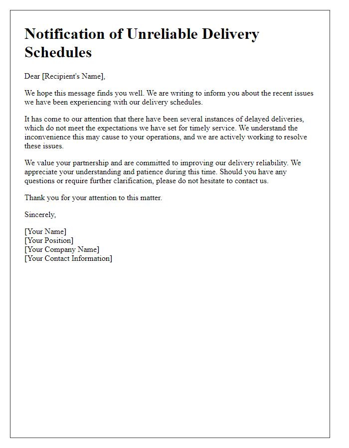 Letter template of notification about unreliable delivery schedules