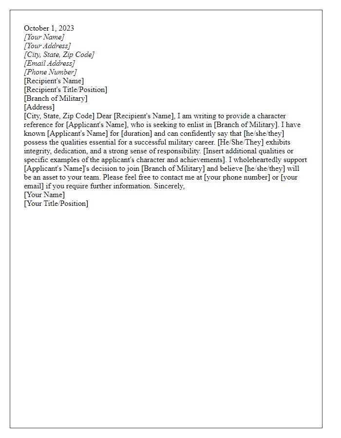 Letter template of character reference for military enlistment.