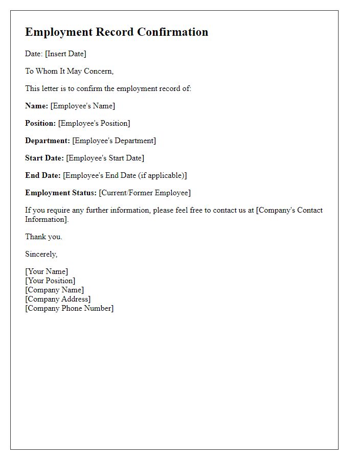 Letter template of employment record confirmation.